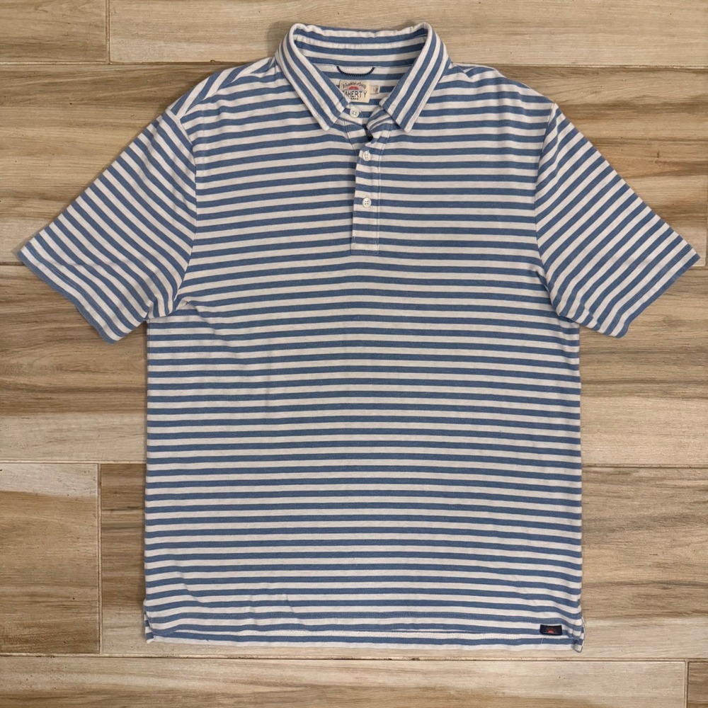 Faherty Brand Mens Large Blue White Striped Pima Cotton Modal Polo Shirt L